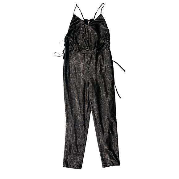 Free People Jumpsuit Womens XS Extra Small Black Tie Shiny Sequined Pantsuit - Picture 1 of 13